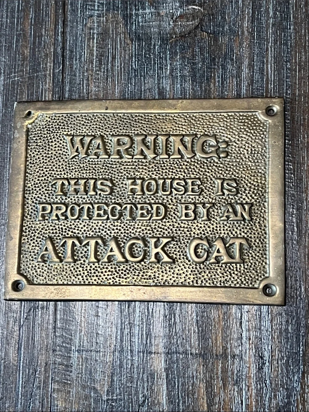 Brass 'Attack Cat' Warning Plaque for Cat Lovers. Very Heavy